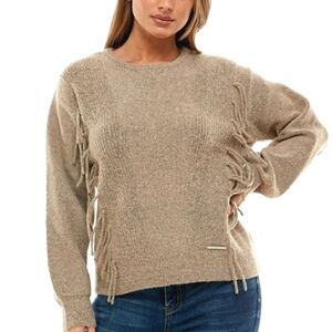 NWOT Adrienne Vittadini greyish tan sweater. Fringe. Size L. Boho.